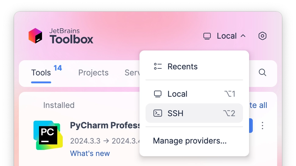 JetBrains Toolbox 宣布支持远程开发功能，方便开发者在不同系统的远程服务器上部署 IDE 环境