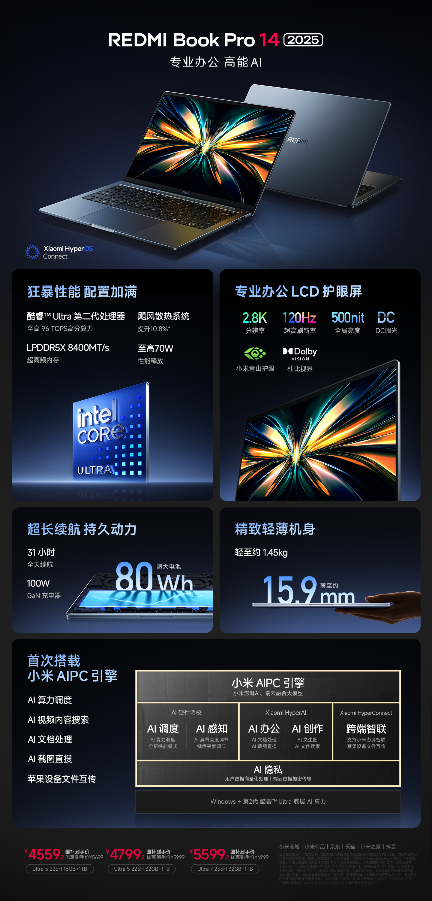 小米 REDMI Book Pro 2025 笔记本电脑现已开售：酷睿 Ultra 200H 处理器，国补 4559.2 元起