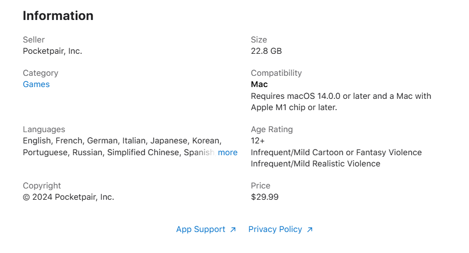 《幻兽帕鲁》登陆苹果 macOS 系统，售价 29.99 美元