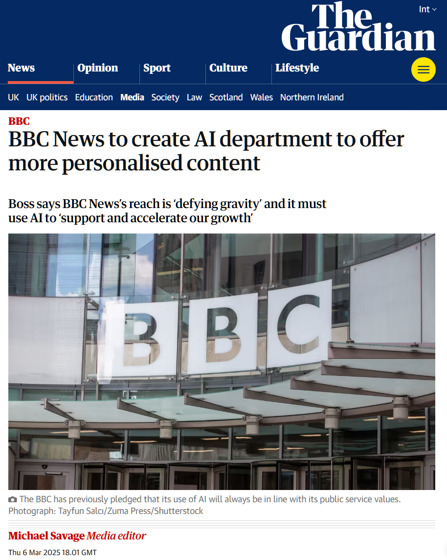 英国 BBC 新闻将成立 AI 部门，重点关注 25 岁以下群体、提供更个性化内容