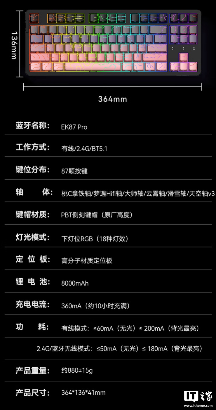 达尔优 EK87Pro 键盘“黑莓粉渐变等高线”开售：搭载“桃 C 拿铁轴”，239 元