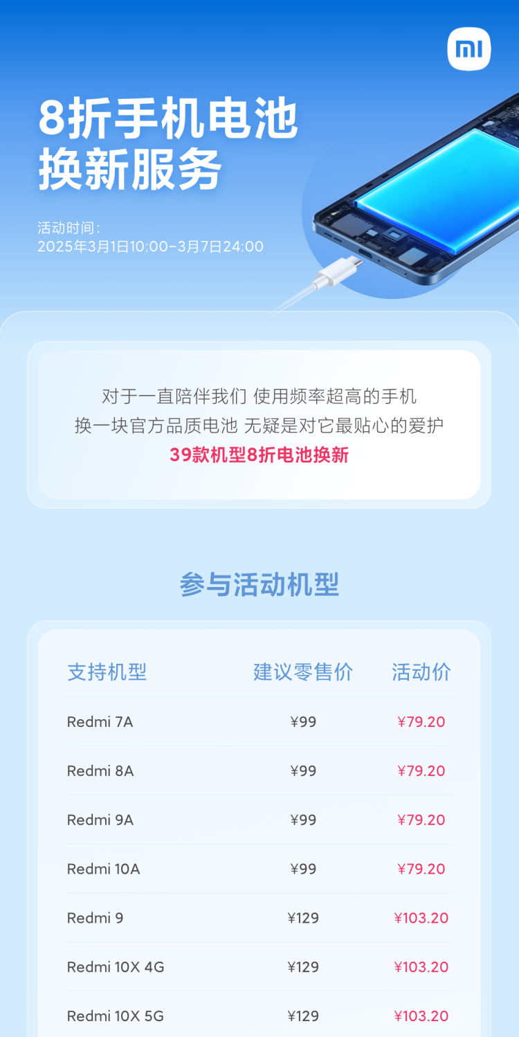 小米春季服务周启动：39 款机型电池换新 79.2 元起，笔记本深度清洁 49.5 元
