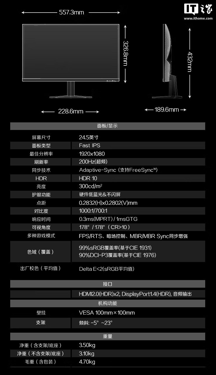 AOC“25G10HE”24.5 英寸显示器首销：1080P 200Hz 超频，649 元